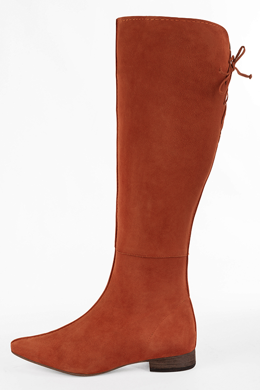 Terracotta orange women's knee-high boots, with laces at the back. Square toe. Flat leather soles. Made to measure. Profile view - Florence KOOIJMAN